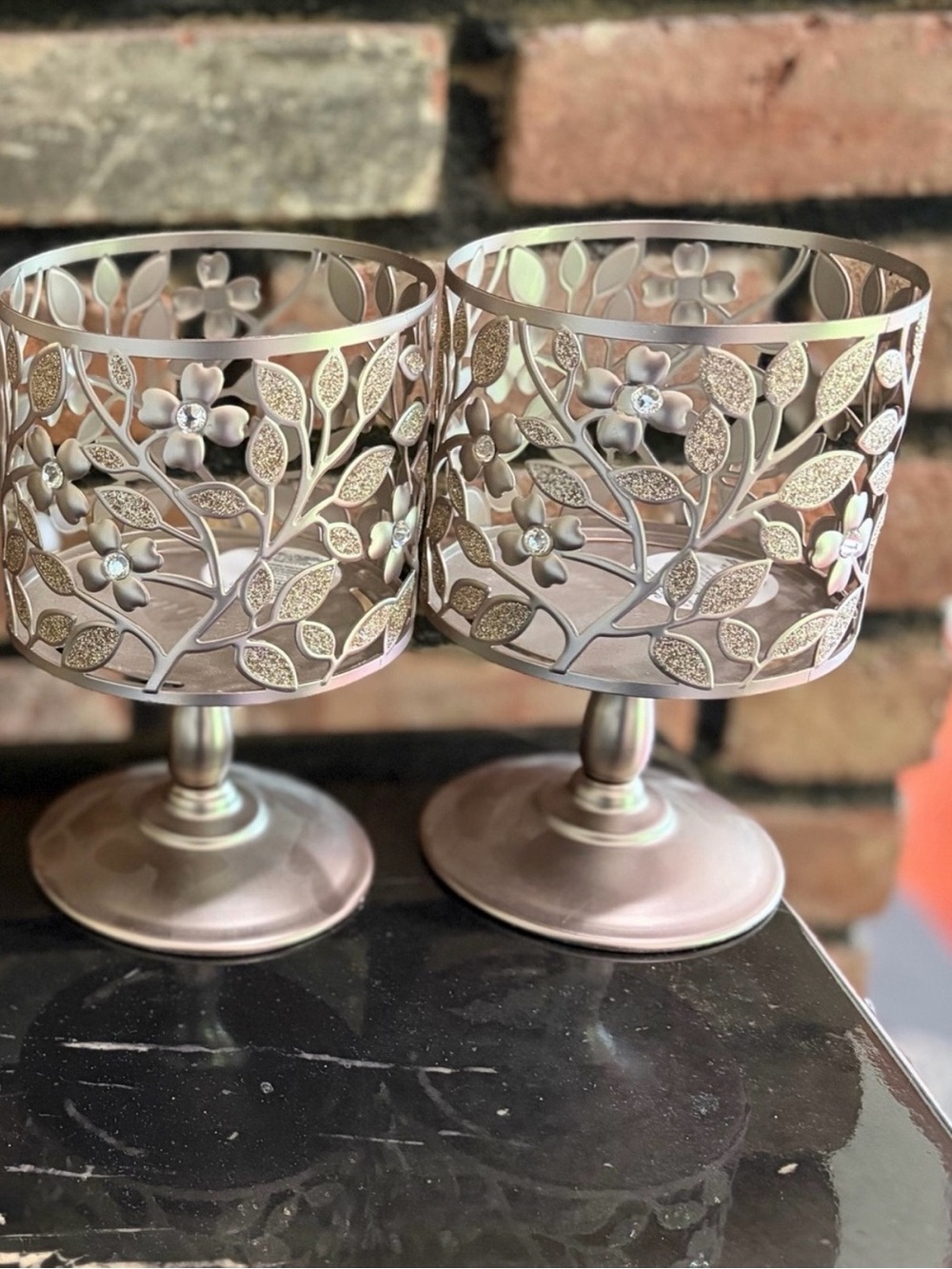 BBW Decorative Floral Metal Candle Holders - Set of 2, Champagne Finish